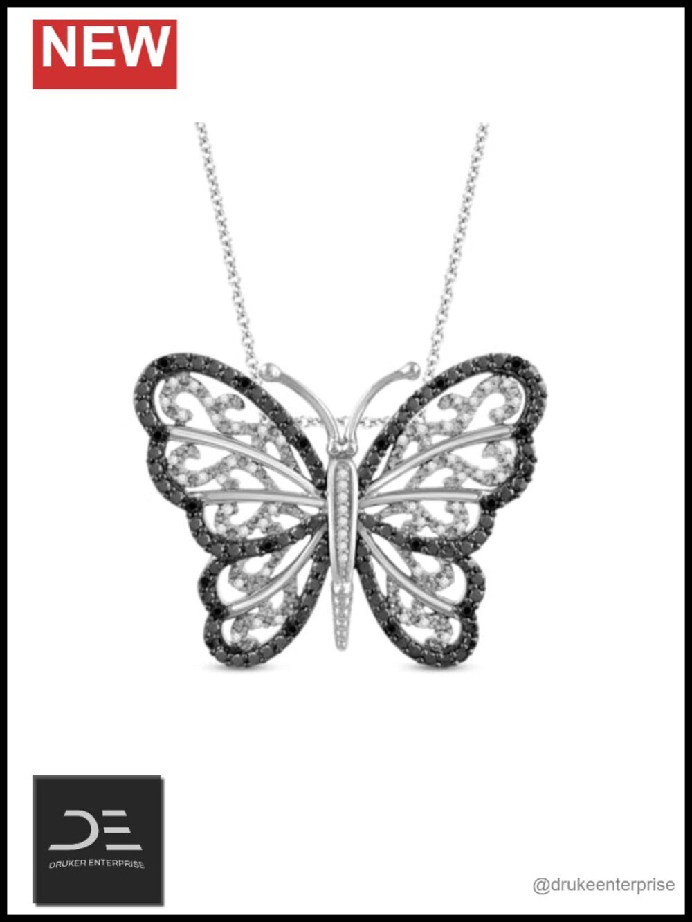 925 Sterling Silver Diamond Butterfly Pendant Necklace 18" Rolo Chain Women's